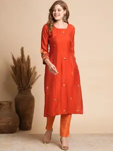 FASHOR Floral Embroidered Thread Work Straight Kurta