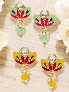 OOMPH Set Of 2 Meenakari Floral Kundan Studded & Beaded Drop Earrings