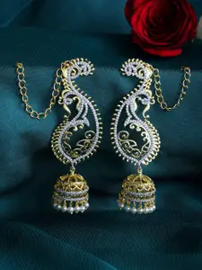 Voylla Gold-Plated Cubic Zirconia Studded Paisley Shaped Jhumkas Earrings