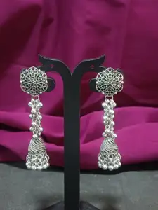 Efulgenz Rhodium-Plated Dome Shaped Stone Studded & Beaded Oxidized Jhumkas
