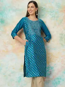 Melange by Lifestyle Ethnic Motifs Printed Three-Quarter Sleeves Thread Work Kurta