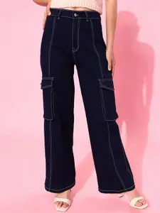 DOLCE CRUDO Women Wide Leg High-Rise Stretchable Cargo Jeans