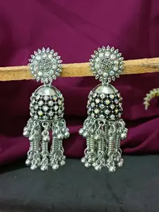 Efulgenz Rhodium-Plated Dome Shaped Crystals Oxidised Jhumkas