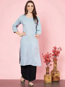 HERE&NOW Round Neck Floral Embroidered Thread Work Cotton Straight Kurta