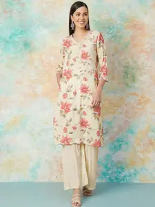 Melange by Lifestyle Floral Printed V-Neck Three-Quarter Sleeves Thread Work Kurta