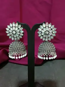 Efulgenz Rhodium-Plated Dome Shaped Crystals & Beaded Oxidised Jhumkas