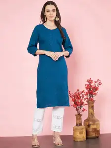 HERE&NOW Teal Blue Floral Embroidered Cotton Straight Kurta