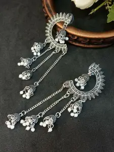 Efulgenz Rhodium-Plated Dome Shaped Beaded Oxidised Tassels Jhumkas