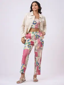 JISORA Floral Printed Shoulder Straps Top with Trousers & Shacket