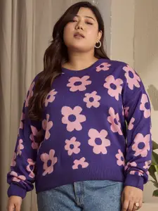 Berrylush Curve Women Floral Printed Round Neck Long Sleeves Plus Size Pullover