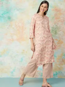 Melange by Lifestyle Floral Printed Round Neck Three-Quarter Sleeves Sequin Work Kurta