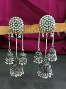 Efulgenz Rhodium-Plated Crystals Studded Contemporary Jhumka Earrings