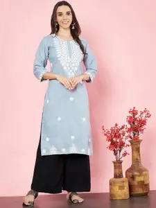HERE&NOW Round Neck Floral Embroidered Thread Work Cotton Straight Kurta