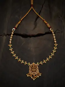 Kushal's Fashion Jewellery 92.5 Pure Silver Gold-Plated Stone Studded Temple Necklace