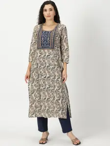 Saffron Threads Round Neck Paisley Printed Thread Work Cotton Straight Kurta