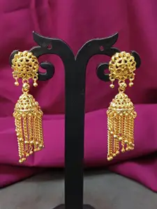 Efulgenz Gold-Plated Dome Shaped Beaded Tasselled Jhumkas