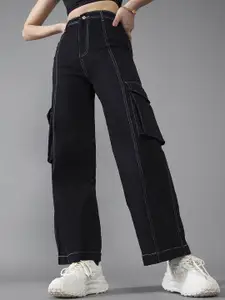 DOLCE CRUDO Women Wide Leg High-Rise Cotton Stretchable Jeans