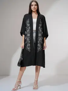 Vishudh Women Solid Embroidered Kimono Shrug With Shawl Collar