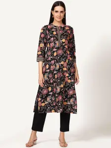 Saffron Threads Floral Printed Mandarin Collar Brocade Lace Pure Cotton Straight Kurta