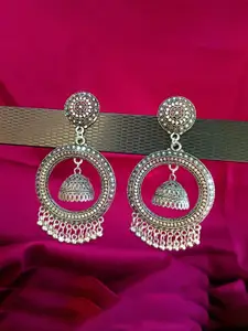 Efulgenz Rhodium-Plated Oxidized Contemporary Jhumkas Earrings