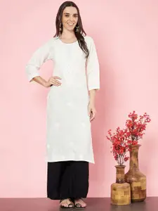 HERE&NOW White Floral Embroidered Cotton Straight Kurta