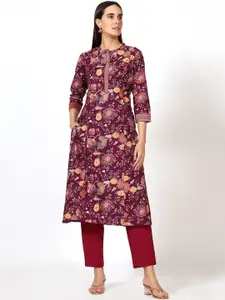 Saffron Threads Floral Printed Mandarin Collar Brocade Lace Pure Cotton Straight Kurta