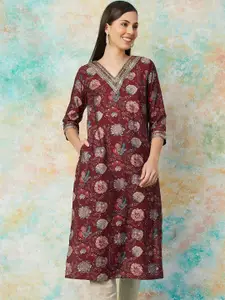 Melange by Lifestyle Floral Printed V-Neck Three-Quarter Sleeves Thread Work Kurta