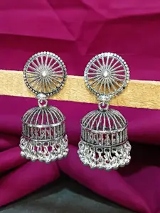 Efulgenz Rhodium-Plated Dome Shaped Beaded Oxidized Jhumkas