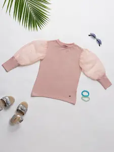 Purple United Kids Girls Embellished Bishop Sleeve Cotton Top