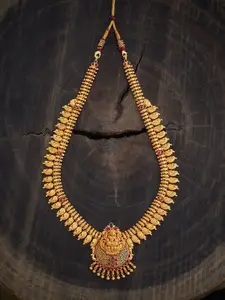 Kushal's Fashion Jewellery 92.5 Pure Silver Gold-Plated Stone Studded Temple Necklace