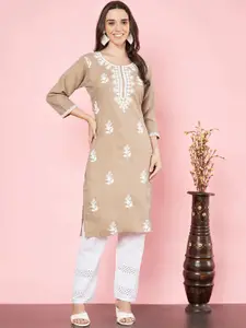 HERE&NOW Beige Floral Embroidered Cotton Straight Kurta