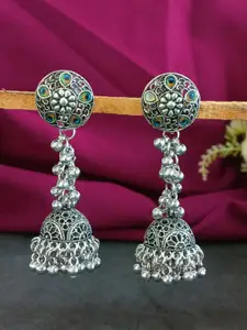 Efulgenz Rhodium-Plated Crystals Studded Contemporary Jhumkas Earrings