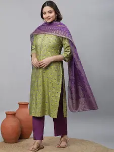 AURELIA Women Floral Striped Mirror Work Kurta