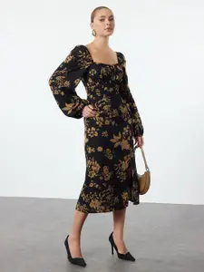 Trendyol Floral Print Puff Sleeve A-Line Midi Dress