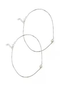 Paavni Set of 2 Rhodium-Plated 92.5 Sterling Silver Pearls Beaded Anklets