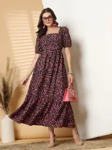 RAASSIO Floral Print Puff Sleeve Crepe Maxi Dress