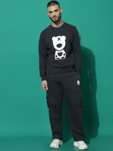 GRIFFEL Men Graphic Printed Oversized Mid-Rise Round Neck Long Sleeves Tracksuits