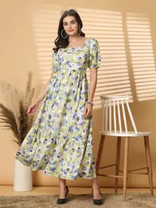 RAASSIO Floral Print Puff Sleeve Crepe Maxi Dress