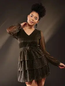 The Roadster Lifestyle Co V Neck Long Sleeve Fit & Flare Dress