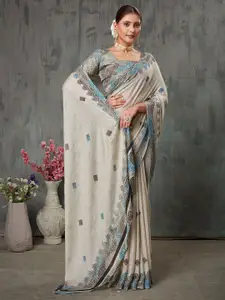 Saree mall Striped Poly Chiffon Designer Block Print Sarees