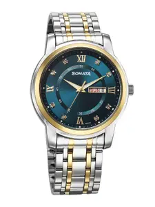 Sonata Men Embellished Dial & Bracelet Style Straps Analogue Watch 77157BM01