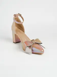 PURPLEHUNT Textured PU Slim Heeled Peep Toes with Bows