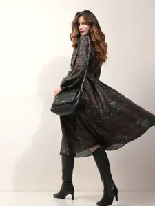 Vero Moda Women Printed Puff Sleeve Fit & Flare Midi Dress With Belt