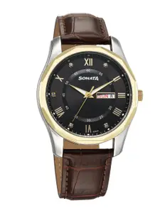 Sonata Men Dial & Leather Straps Analogue Watch 77159BL01