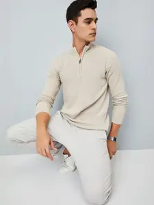 max Men Self Design Mock Collar Cotton Pullover