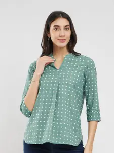 Pink Fort Polka Dot Print Mandarin Collar Cotton Top