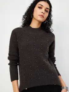 max Women Speckled Longline Pullover with Embellished Detail