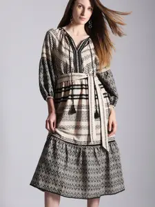 Vero Moda Women Printed Tie-Up Neck Fit & Flare Midi Dress