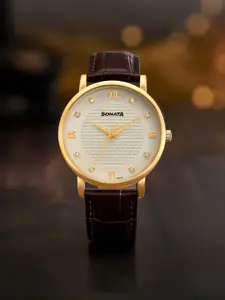 Sonata Men Embellished Dial & Leather Straps Analogue Watch 77155YL01