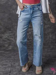 StyleCast Women Cotton Straight Fit Mildly Distressed Heavy Fade Jeans